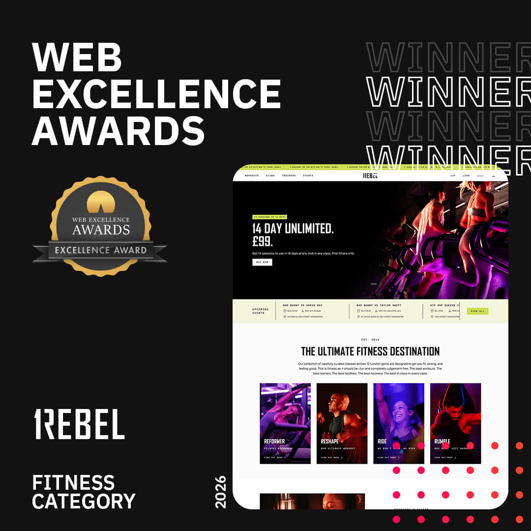 Web Excellence Awards graphic showing gold seal, “Rebel” fitness site preview, and “Winner” text in fitness category, 2026.