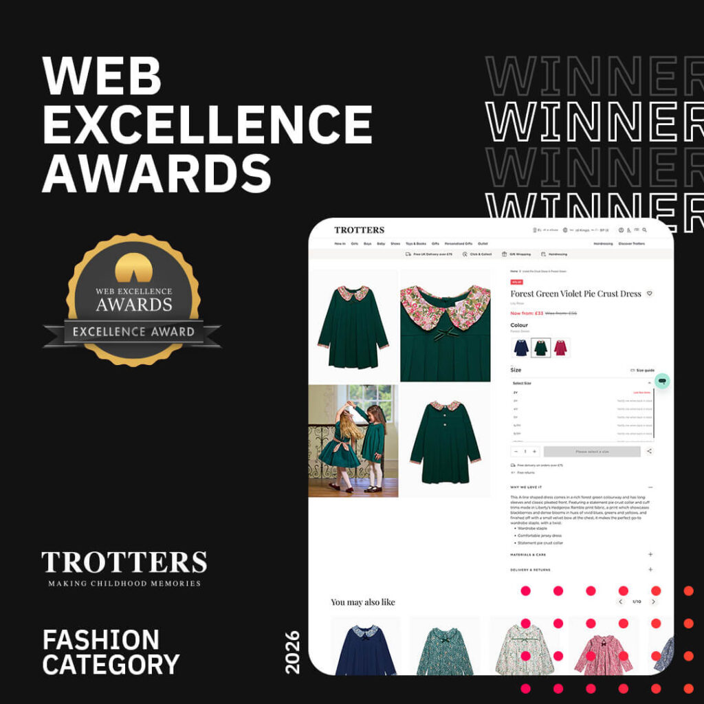 Web Excellence Awards graphic highlighting Trotters Childrenswear & Accessories Limited website premiumisation, Fashion category winner 2026.